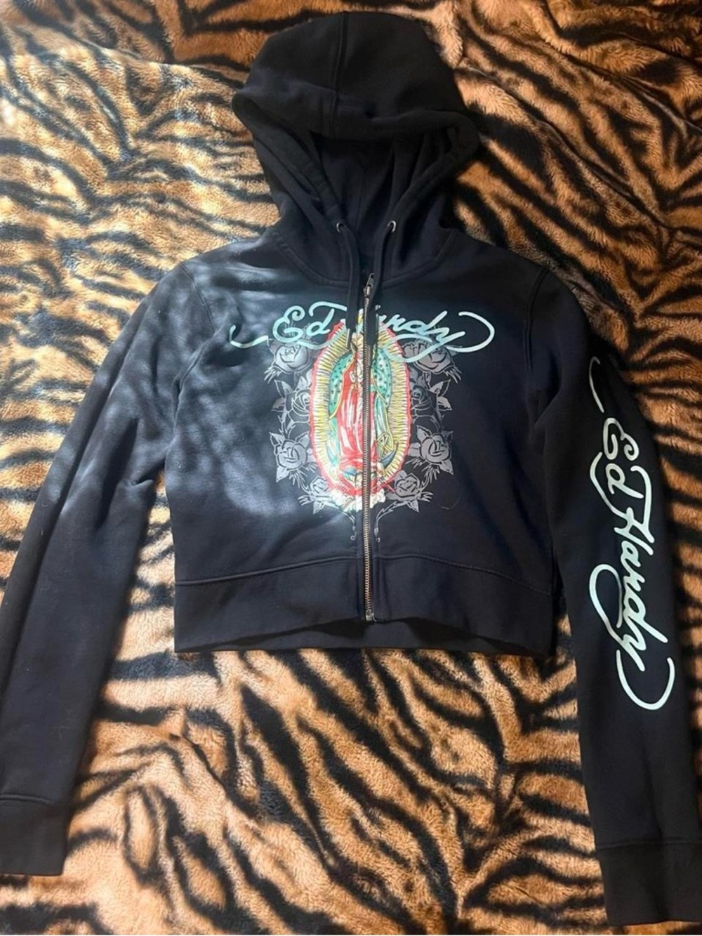Ed Hardy Black Zip Hoodie with Colorful Virgin Graphic and Sleeve Script